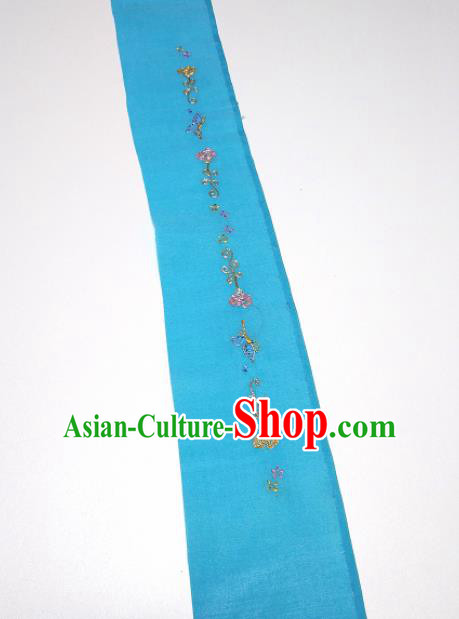Asian Chinese Traditional Embroidered Butterfly Pattern Design Blue Silk Fabric China Hanfu Silk Material