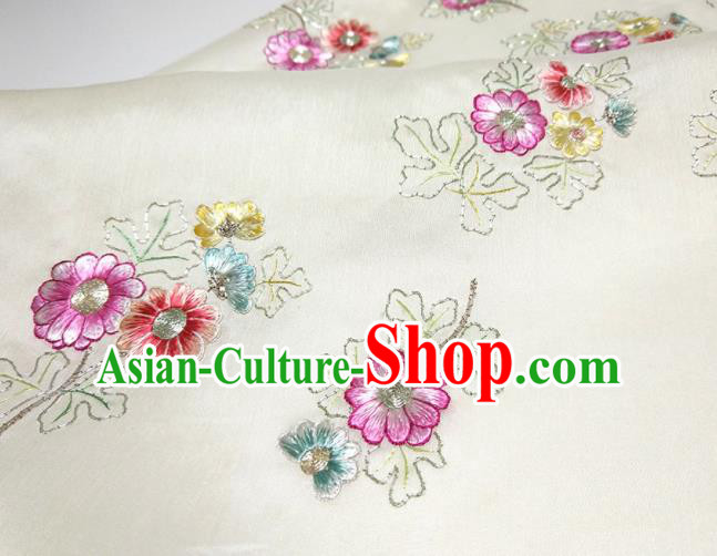 Asian Chinese Traditional Embroidered Pattern Design White Silk Fabric China Hanfu Silk Material