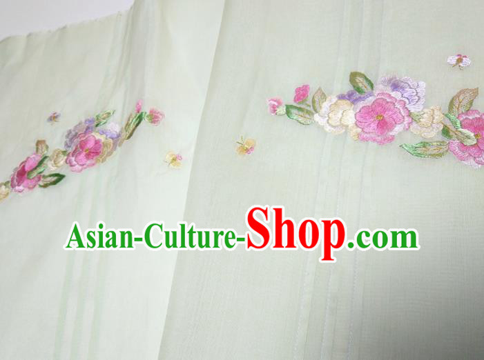 Asian Chinese Traditional Embroidered Camellia Pattern Design Light Green Silk Fabric China Hanfu Silk Material