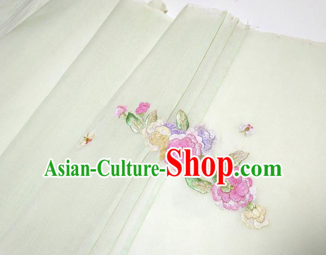 Asian Chinese Traditional Embroidered Camellia Pattern Design Light Green Silk Fabric China Hanfu Silk Material