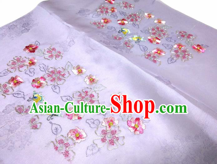 Asian Chinese Traditional Embroidered Flowers Butterfly Pattern Design Lilac Silk Fabric China Hanfu Silk Material