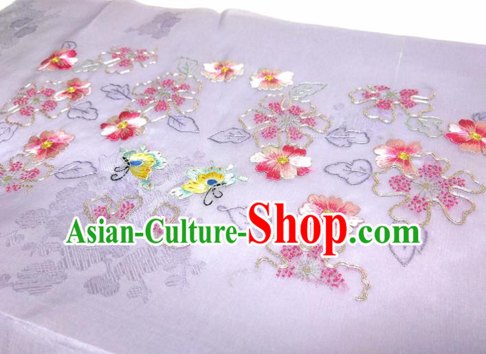 Asian Chinese Traditional Embroidered Flowers Butterfly Pattern Design Lilac Silk Fabric China Hanfu Silk Material
