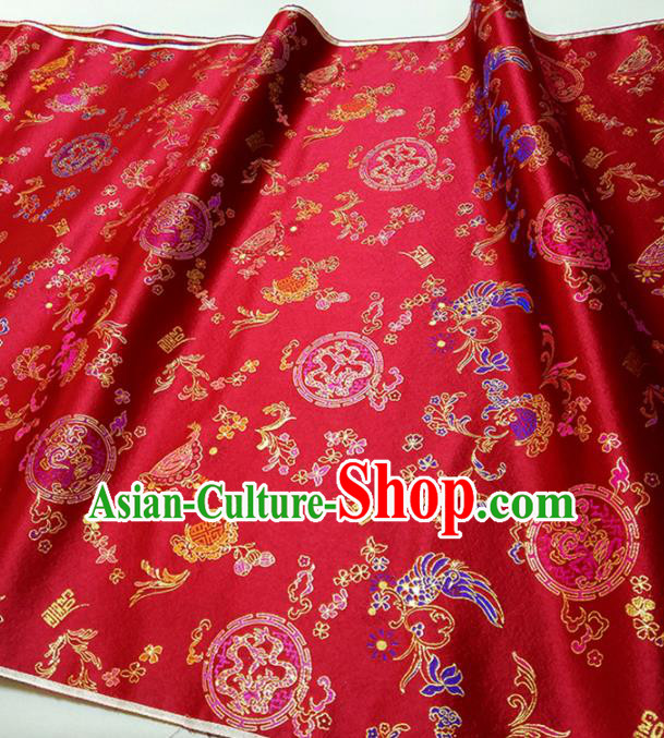 Asian Chinese Traditional Dragon Crane Pattern Design Red Brocade Silk Fabric China Hanfu Satin Material