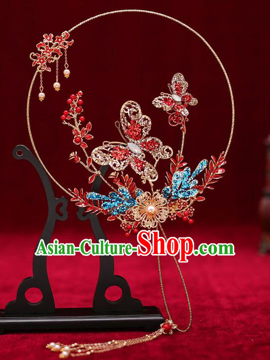 Chinese Traditional Wedding Prop Opal Butterfly Round Fan Ancient Bride Palace Fans for Women