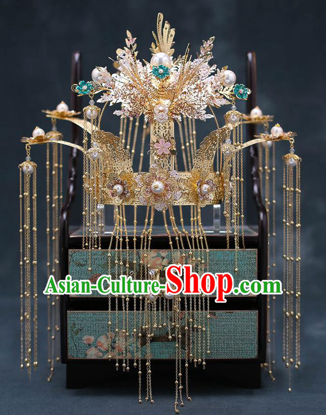 Top Chinese Traditional Bride Golden Luxury Phoenix Coronet Handmade Tassel Hairpins Wedding Hair Accessories Complete Set