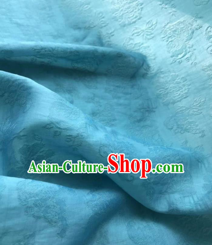 Asian Chinese Traditional Jacquard Peony Pattern Design Blue Silk Fabric China Qipao Material