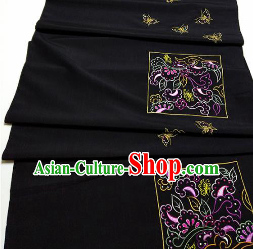 Asian Chinese Traditional Embroidered Butterfly Pattern Design Black Silk Fabric China Hanfu Silk Material