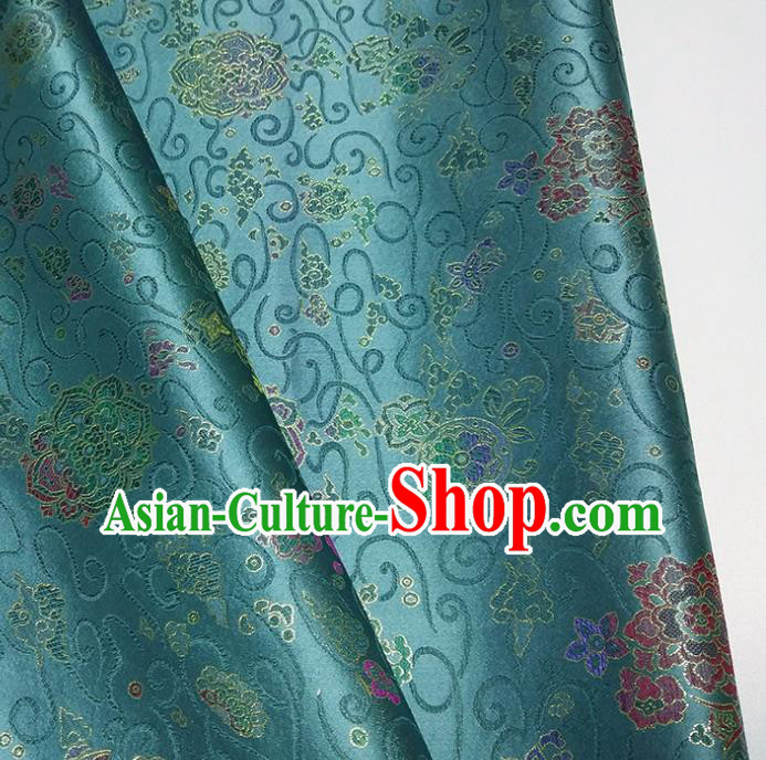Asian Chinese Traditional Treasure Flowers Pattern Design Peacock Green Brocade Silk Fabric China Hanfu Satin Material