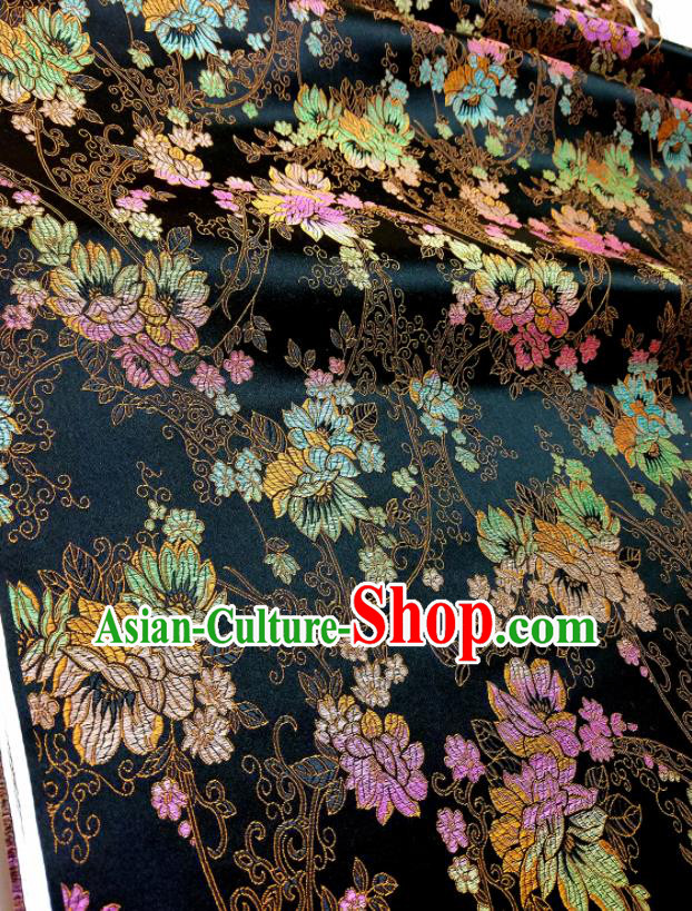 Asian Chinese Traditional Flowers Pattern Design Black Brocade Silk Fabric China Hanfu Satin Material