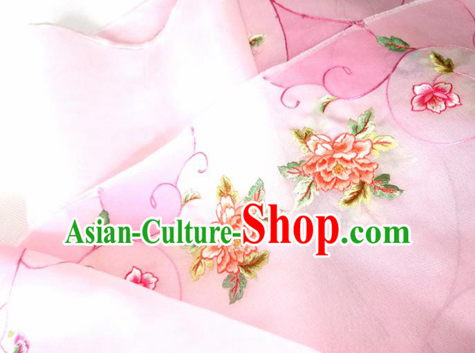 Chinese Traditional Embroidered Peony Pattern Design Pink Silk Fabric Asian China Hanfu Silk Material