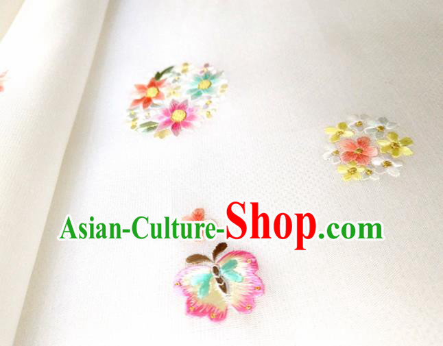 Chinese Traditional Embroidered Flowers Pattern Design White Silk Fabric Asian China Hanfu Silk Material