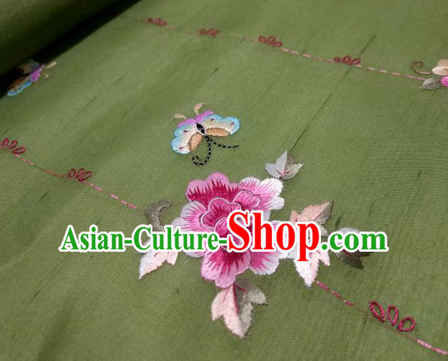 Chinese Traditional Embroidered Peony Pattern Design Olive Green Silk Fabric Asian China Hanfu Silk Material