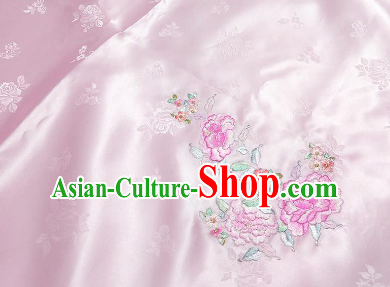 Chinese Traditional Embroidered Peony Pattern Design Pink Silk Fabric Asian Brocade China Hanfu Satin Material