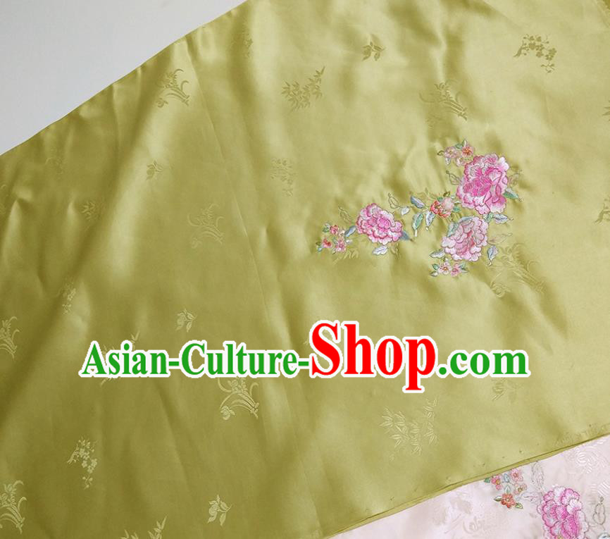 Chinese Traditional Embroidered Peony Pattern Design Light Green Silk Fabric Asian Brocade China Hanfu Satin Material