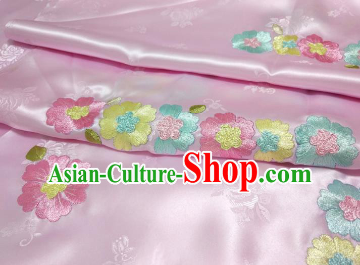 Chinese Traditional Embroidered Flowers Pattern Design Pink Silk Fabric Asian Brocade China Hanfu Satin Material