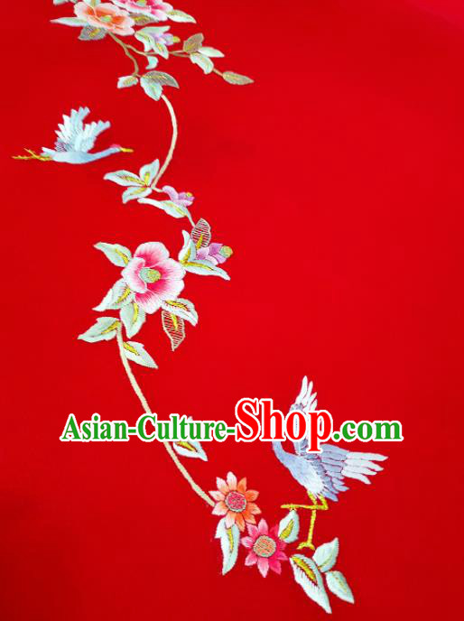 Chinese Traditional Embroidered Crane Flowers Pattern Design Red Silk Fabric Asian China Hanfu Silk Material