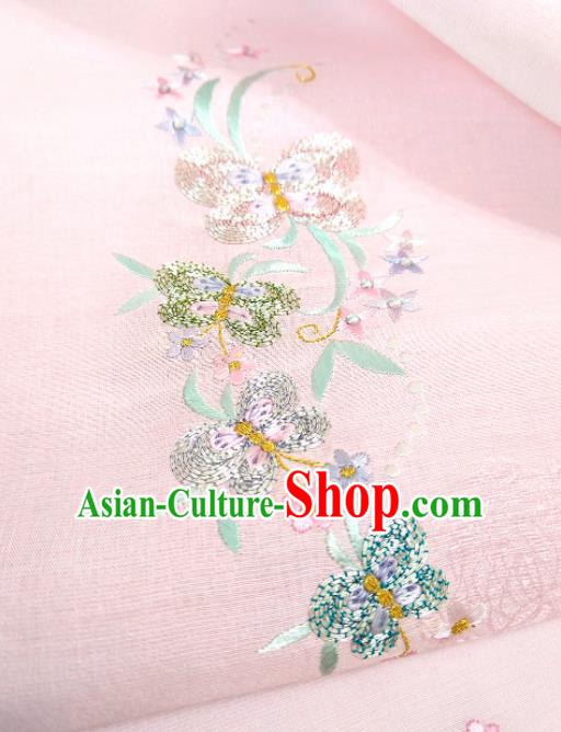 Chinese Traditional Embroidered Butterfly Pattern Design Pink Silk Fabric Asian China Hanfu Silk Material