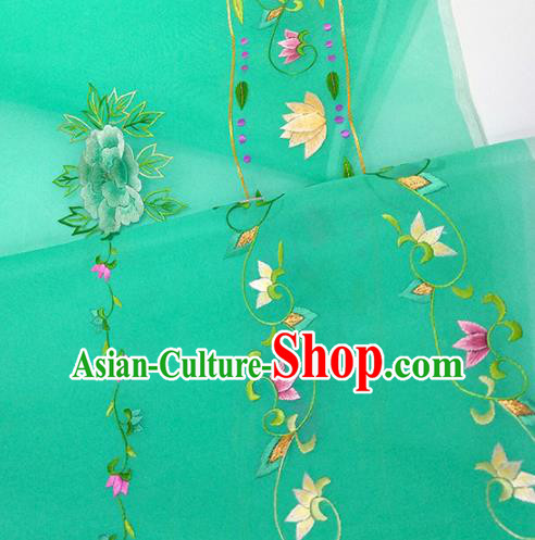 Chinese Traditional Embroidered Peony Pattern Design Green Silk Fabric Asian China Hanfu Silk Material