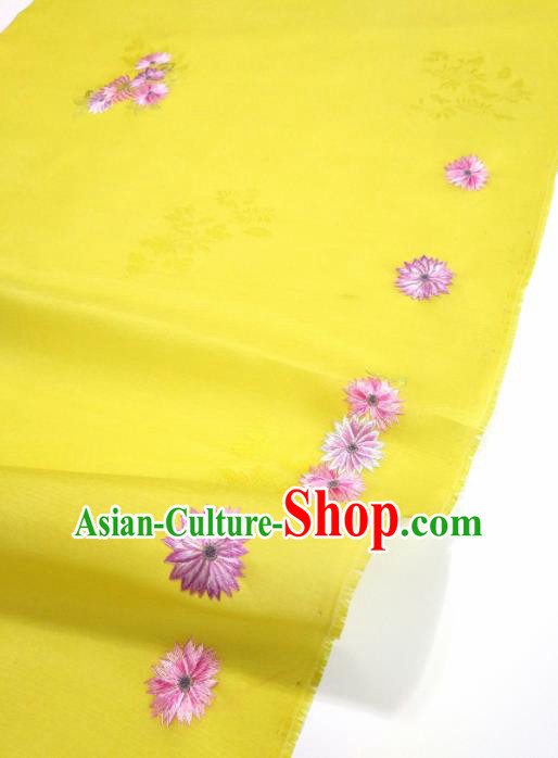 Chinese Traditional Embroidered Chrysanthemum Pattern Design Yellow Silk Fabric Asian China Hanfu Silk Material