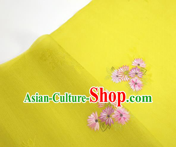 Chinese Traditional Embroidered Chrysanthemum Pattern Design Yellow Silk Fabric Asian China Hanfu Silk Material