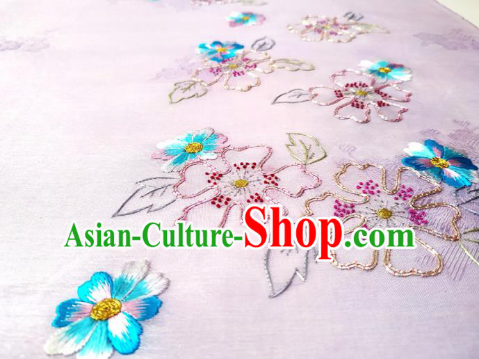Chinese Traditional Embroidered Flowers Pattern Design Lilac Silk Fabric Asian China Hanfu Silk Material