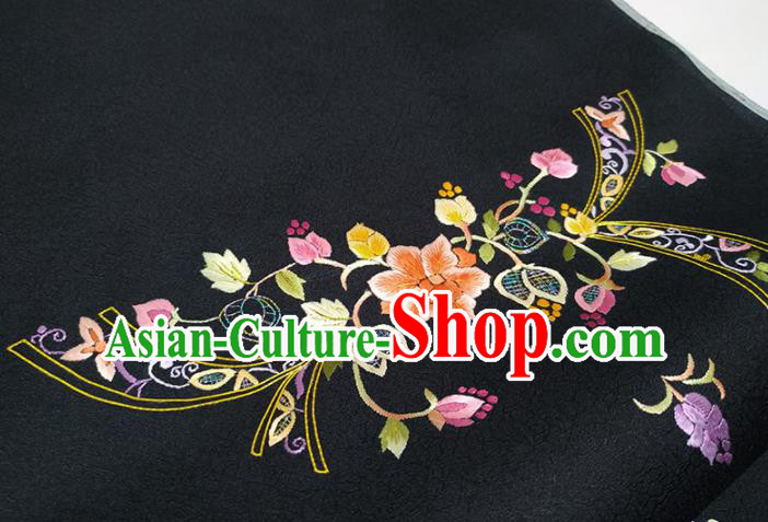 Chinese Traditional Embroidered Flowers Pattern Design Black Silk Fabric Asian China Hanfu Silk Material