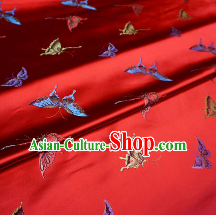 Chinese Traditional Colorful Butterfly Pattern Design Red Brocade Fabric Asian Satin China Hanfu Silk Material