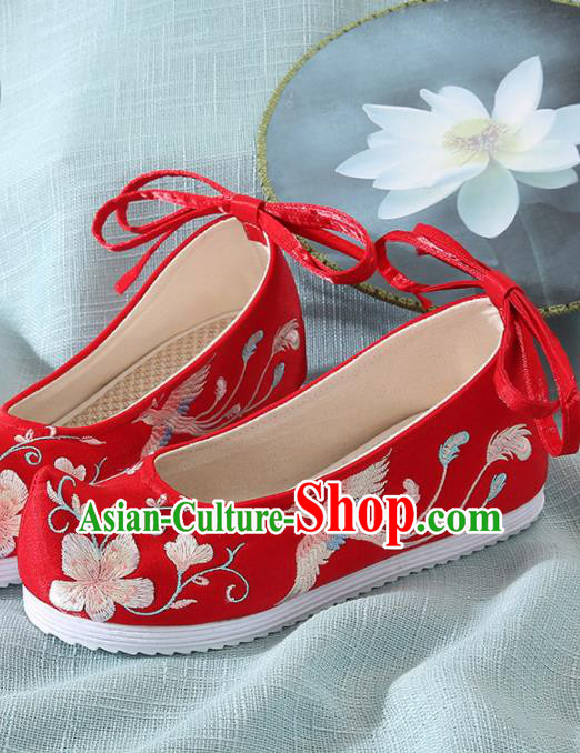 Chinese Handmade Embroidered Plum Bird Red Bow Shoes Traditional Ming Dynasty Hanfu Shoes Princess Shoes for Women