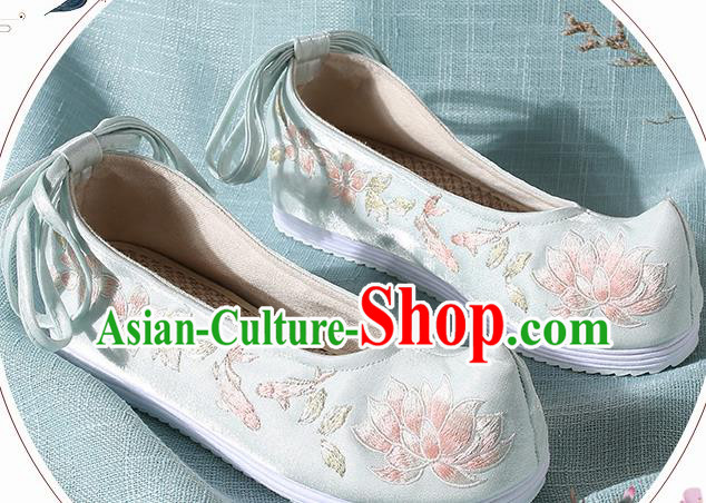 Chinese Handmade Embroidered Lotus Light Green Bow Shoes Traditional Ming Dynasty Hanfu Shoes Princess Shoes for Women