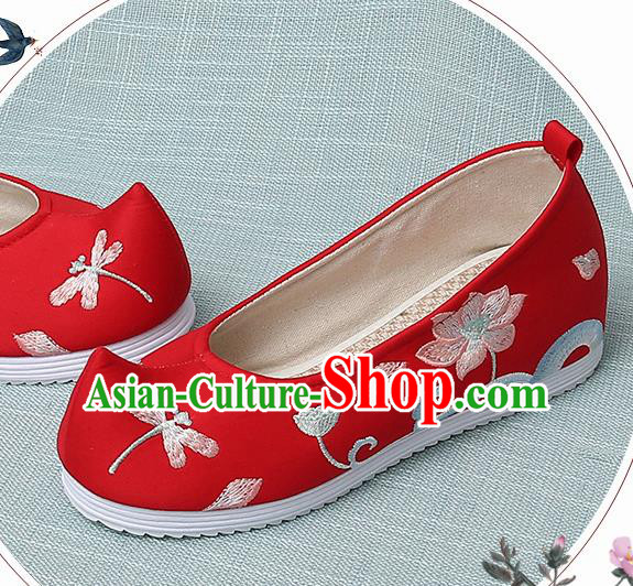 Chinese Handmade Embroidered Dragonfly Lotus Red Bow Shoes Traditional Ming Dynasty Hanfu Shoes Princess Shoes for Women