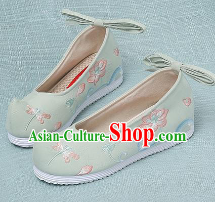 Chinese Handmade Embroidered Dragonfly Lotus Light Green Bow Shoes Traditional Ming Dynasty Hanfu Shoes Princess Shoes for Women