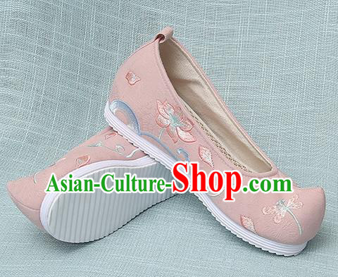 Chinese Handmade Embroidered Dragonfly Lotus Pink Bow Shoes Traditional Ming Dynasty Hanfu Shoes Princess Shoes for Women