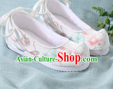 Chinese Handmade Embroidered Lotus Fish White Bow Shoes Traditional Ming Dynasty Hanfu Shoes Princess Shoes for Women