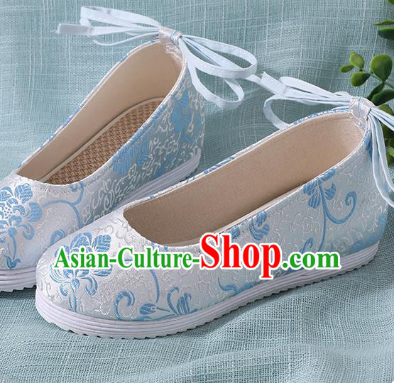 Chinese Handmade Blue Brocade Shoes Traditional Ming Dynasty Hanfu Shoes Princess Shoes for Women