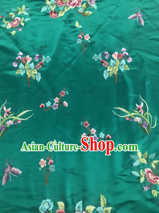 Chinese Traditional Embroidered Orchid Peony Pattern Design Green Silk Fabric Asian China Hanfu Silk Material
