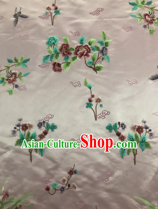Chinese Traditional Embroidered Orchid Peony Pattern Design Pink Silk Fabric Asian China Hanfu Silk Material