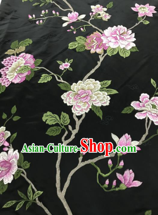 Chinese Traditional Embroidered Yulan Magnolia Pattern Design Black Silk Fabric Asian China Hanfu Silk Material