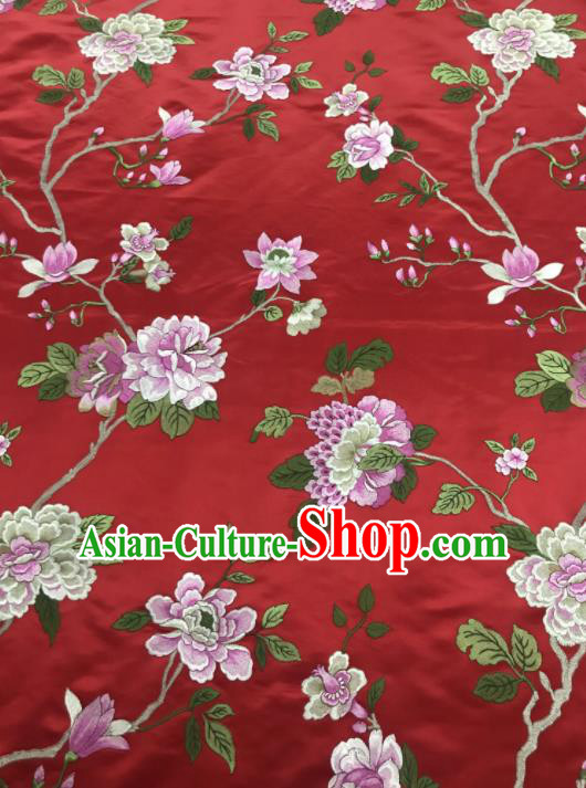 Chinese Traditional Embroidered Yulan Magnolia Pattern Design Red Silk Fabric Asian China Hanfu Silk Material