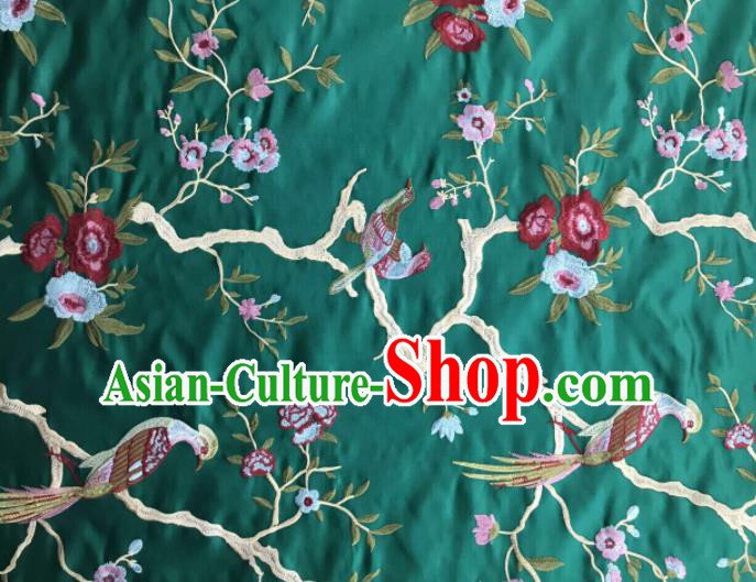 Chinese Traditional Embroidered Begonia Birds Pattern Design Green Silk Fabric Asian China Hanfu Silk Material