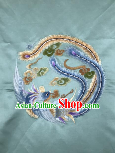 Chinese Traditional Embroidered Round Phoenix Pattern Design Green Silk Fabric Asian China Hanfu Silk Material