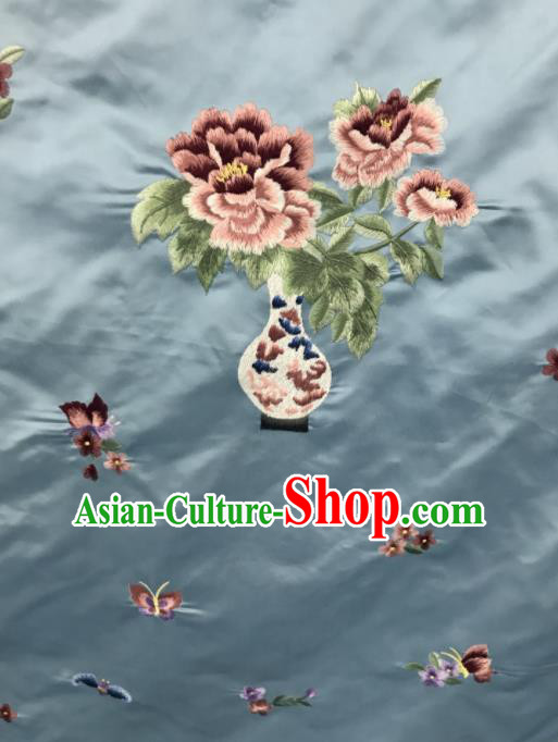 Chinese Traditional Embroidered Peony Vase Pattern Design Blue Silk Fabric Asian China Hanfu Silk Material