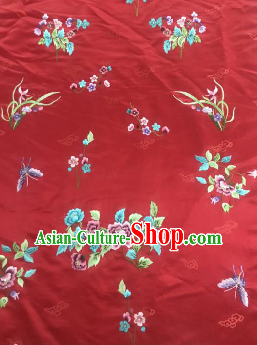 Chinese Traditional Embroidered Orchid Peony Pattern Design Red Silk Fabric Asian China Hanfu Silk Material