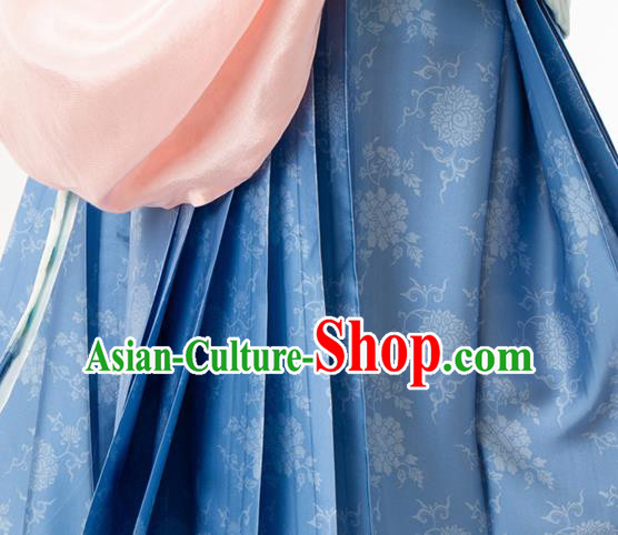 Chinese Traditional Lotus Pattern Design Blue Brocade Fabric Asian Satin China Hanfu Satin Material