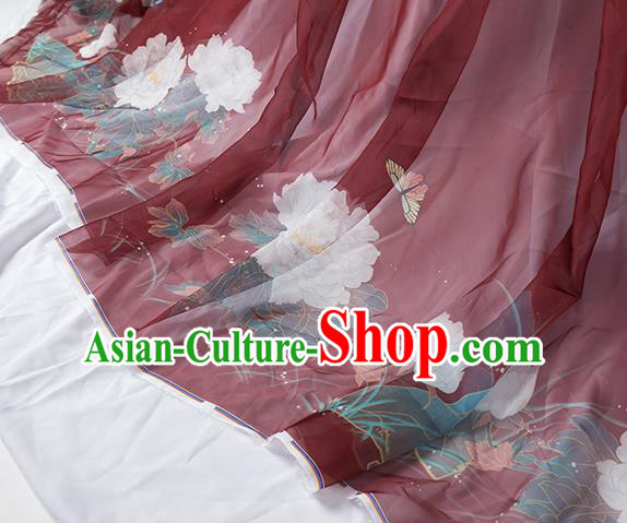 Chinese Traditional Printing Peony Pattern Design Red Chiffon Fabric Asian China Hanfu Material