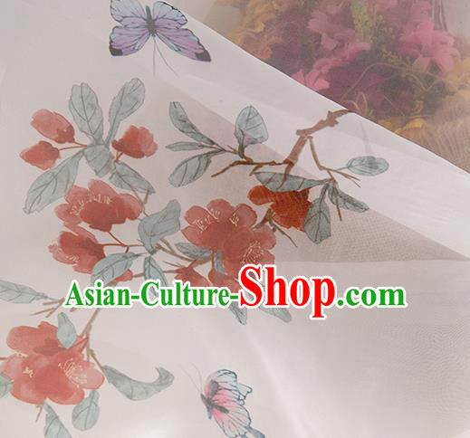 Chinese Traditional Printing Butterfly Flowers Pattern Design White Chiffon Fabric Asian China Hanfu Material
