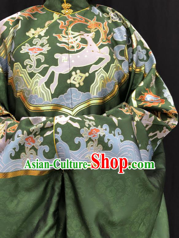 Chinese Traditional Deers Pattern Design Green Brocade Fabric Asian China Hanfu Satin Material