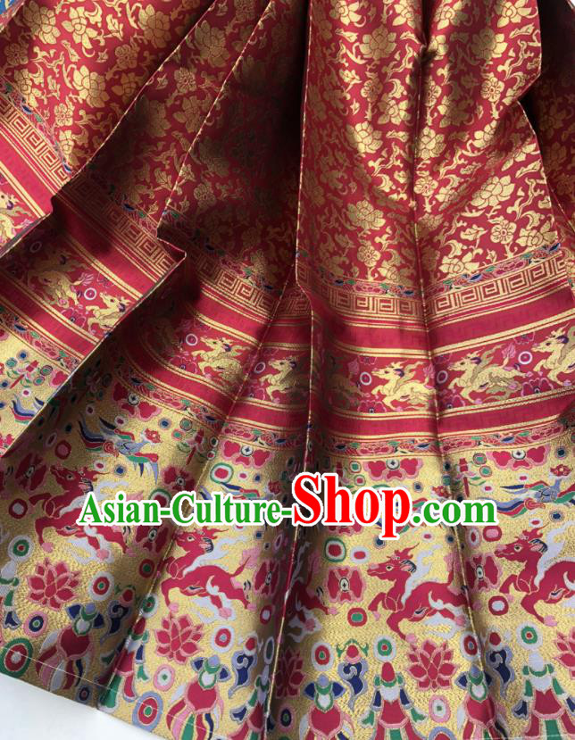 Chinese Traditional Kylin Pattern Design Red Brocade Fabric Asian China Satin Hanfu Material