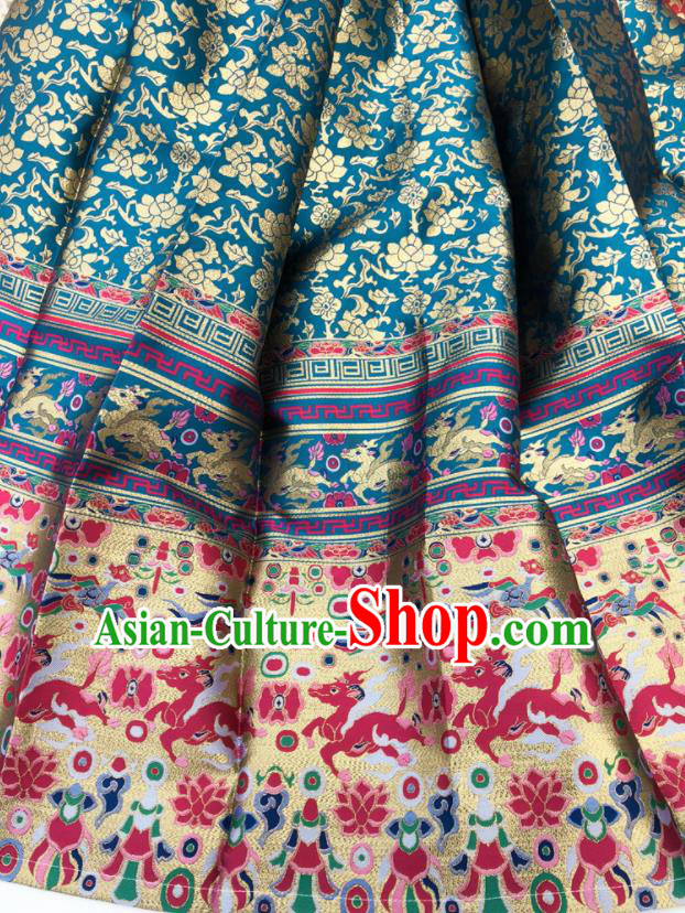 Chinese Traditional Kylin Pattern Design Blue Brocade Fabric Asian China Satin Hanfu Material