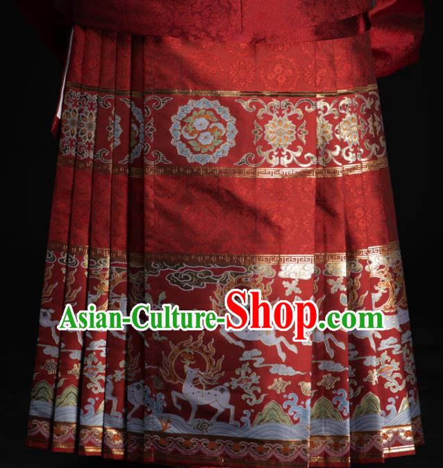 Chinese Traditional Colorful Deer Pattern Design Red Brocade Fabric Asian China Satin Hanfu Material