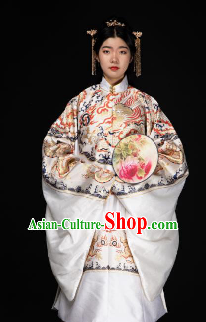 Chinese Traditional Dragon Pattern Design White Brocade Fabric Asian China Hanfu Satin Material